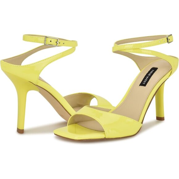 Nine West Women Yellow Patent Faux Leather Open Squared Toe Heels Sandal - Picture 5 of 6